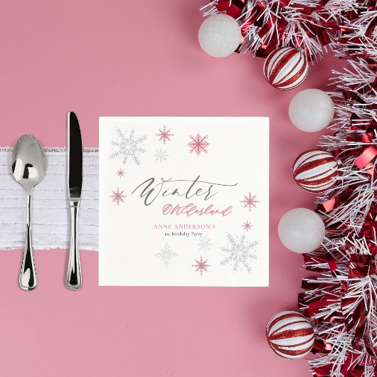 Serviette En Papier Pink Silver Winter Snowflakes 1st Birthday