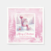 Serviette En Papier Pink Snowman Christmas Scene Napkins Winter Forest (Devant)