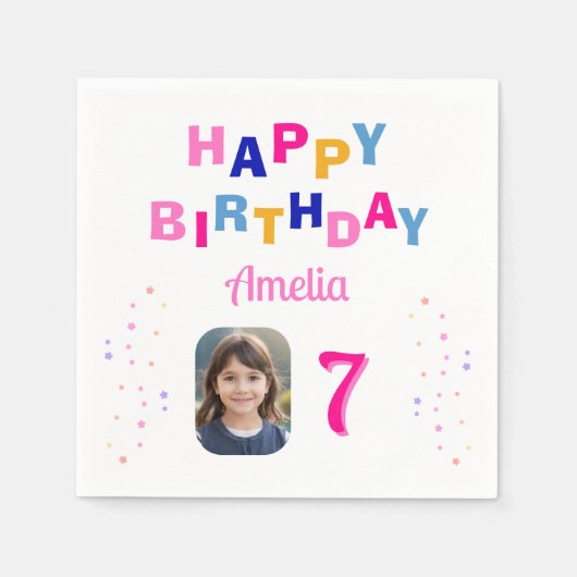 Serviette En Papier Pink Stars Joyeux Anniversaire Fille Photo (Devant)