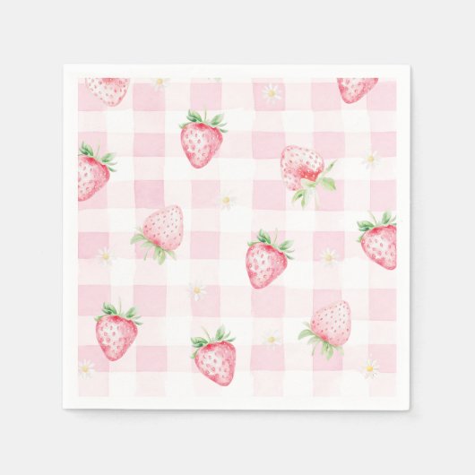 Serviette En Papier Pink Strawberries Gingham Berry First 1st Birthday (Devant)