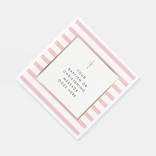 Serviette En Papier Pink Stripe Gold Cross Baptême Message de Christen (Coin)