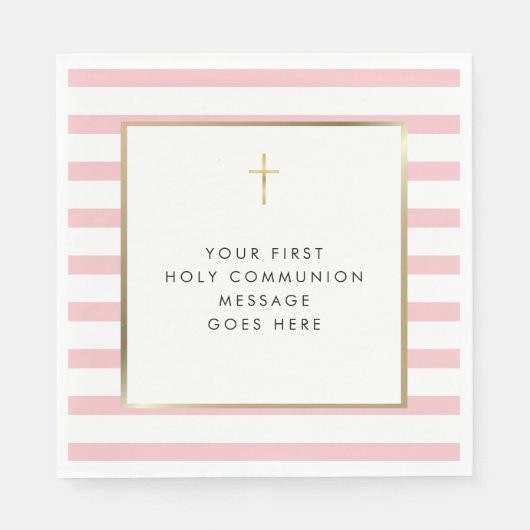 Serviette En Papier Pink Stripe Gold Cross Holy Communion Message (Devant)