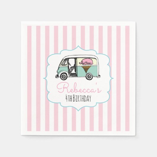 Serviette En Papier Pink Stripe Ice Cream Camion Papier d'anniversaire (Devant)
