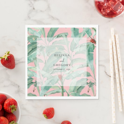 Serviette En Papier Pink Tropical Banana Palm Feuille Mariage (En situation)
