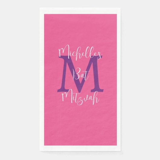 Serviette En Papier Pink violet blanc Nom du Bat mitzvah Monogramme (Devant)