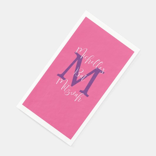 Serviette En Papier Pink violet blanc Nom du Bat mitzvah Monogramme (Coin)