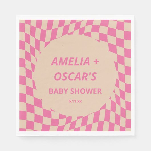 Serviette En Papier Pink Wavy Checker Couples Baby Shower Names (Devant)