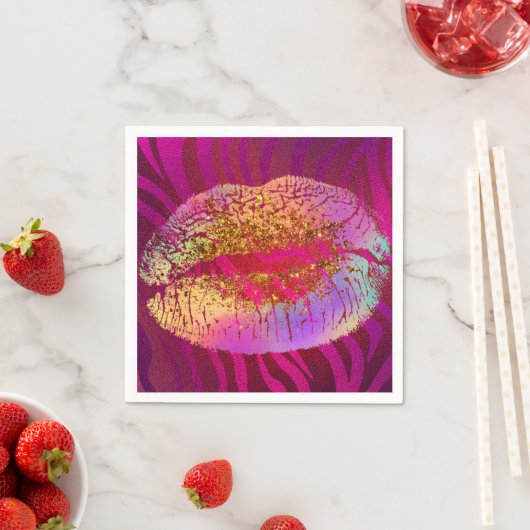 Serviette En Papier Pink Zebra Print Rainbow Gold Parties scintillant  (En situation)