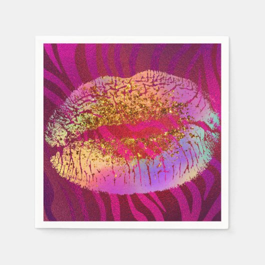 Serviette En Papier Pink Zebra Print Rainbow Gold Parties scintillant  (Devant)