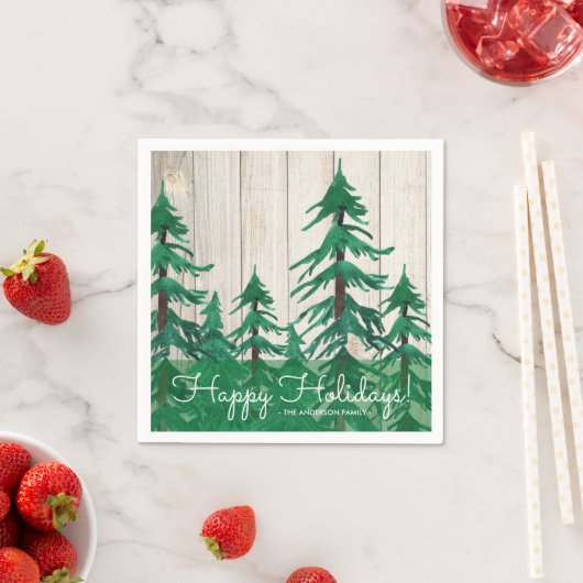 Serviette En Papier Pins d'Aquarelle Rustique Joyeuses vacances (En situation)