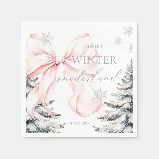 Serviette En Papier Pins de Bow rose Hiver Onederland 1er anniversaire (Devant)