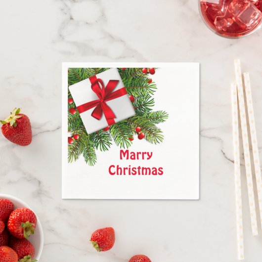 Serviette En Papier Pins de Noël avec Livre rouge présent blanc (En situation)