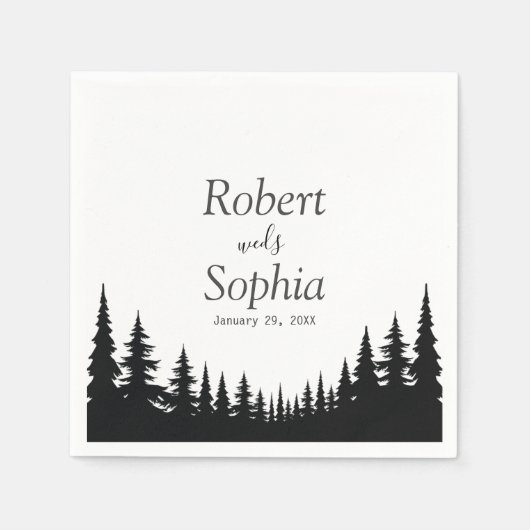 Serviette En Papier Pins noirs et blancs Mariage d'hiver (Devant)