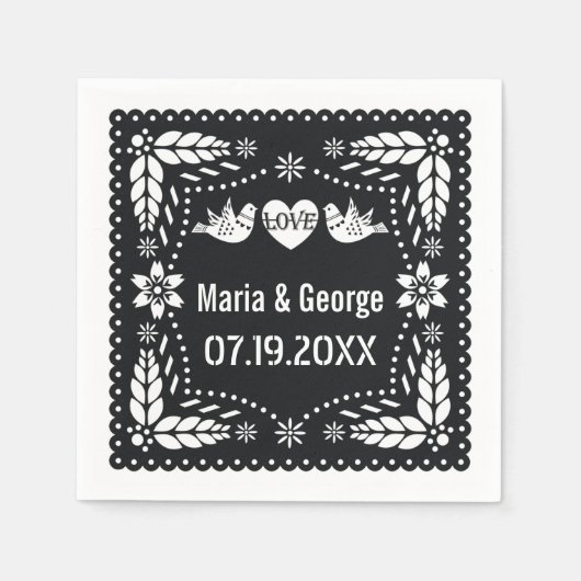 Serviette En Papier Pique picado noir et blanc inséparables mariage (Devant)