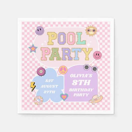 Serviette En Papier Piscine Party Preppy Varsity Patch Anniversaire (Devant)