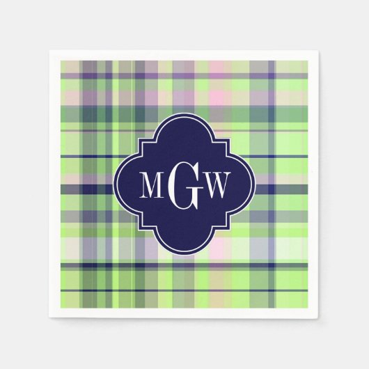 Serviette En Papier Pistachio Marine rose What Preppy Madras Monogramm (Devant)