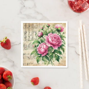 Serviette En Papier Pivoines Découpage Aquarelle Vintage Rose et Vert