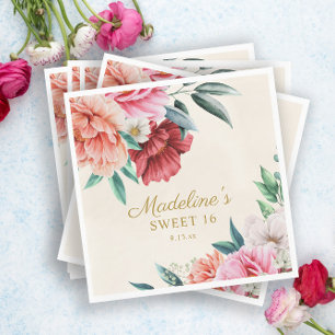 Serviette En Papier Pivoines roses bordeaux fleurs feuilles Sweet 16