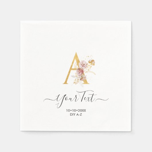 Serviette En Papier PixDezines A-Z Faux Or Monogramme Fleurs d'automne (Devant)