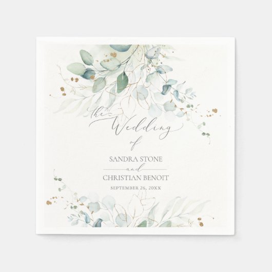 Serviette En Papier PixDezines Faux Gold Aquarelle Mariage Eucalyptus (Devant)