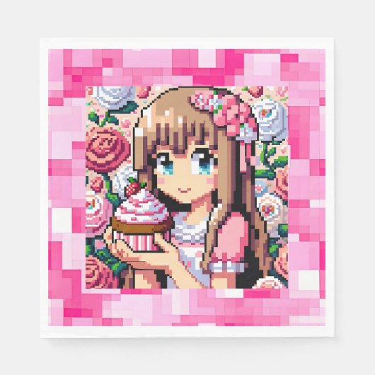 Serviette En Papier Pixel Art Girl's Pink Birthday Party (Devant)