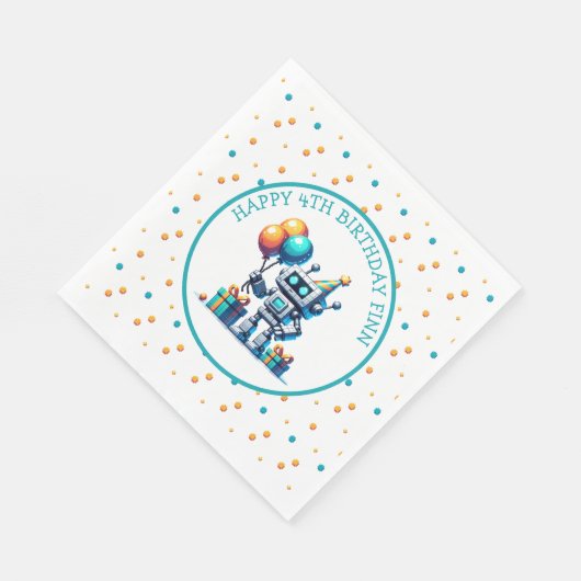 Serviette En Papier Pixel Art Robot en Orange et Turquoise anniversair (Coin)