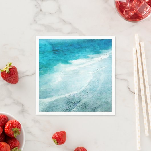 Serviette En Papier Plage Retro - Côte Turquoise Bleu Océan Aquarelle (En situation)