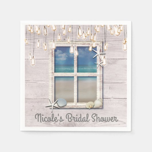 Serviette En Papier Plage tropicale Fenêtre Bois blanc Élégant Côtier (Devant)