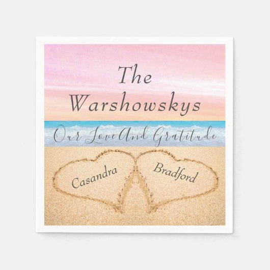 Serviette En Papier Plage violet rose vif Mariage 2 Coeurs dans le sab (Devant)