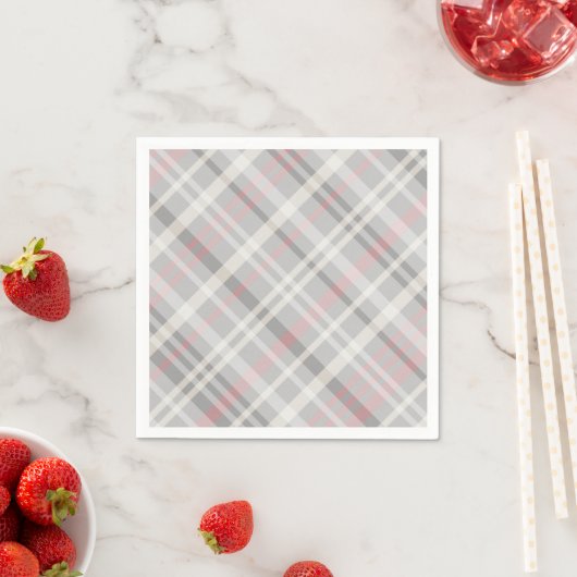 Serviette En Papier plaid blanc gris rose classique (En situation)
