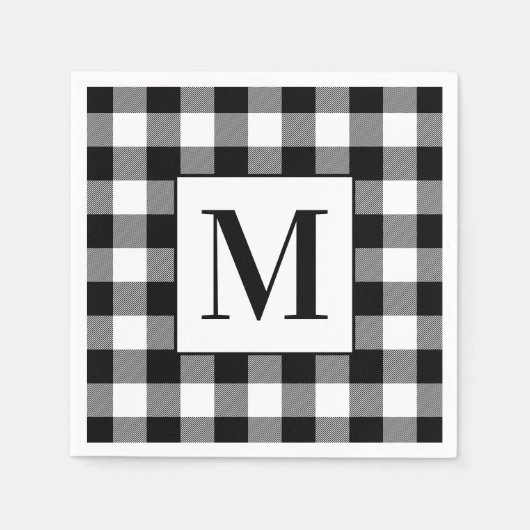Serviette En Papier Plaids de buffle noir et blanc monogrammés (Devant)