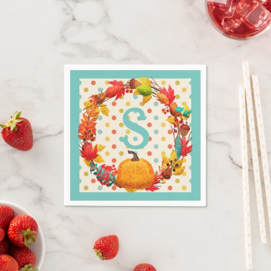 Serviette En Papier Plaisir automne citrouille wreath polka point turq (En situation)