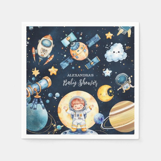 Serviette En Papier Planètes spatiales Rocket Baby shower bleu marine (Devant)