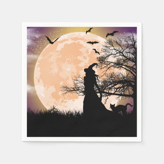 Serviette En Papier Pleine lune mystique de sorcière et de chat (Devant)