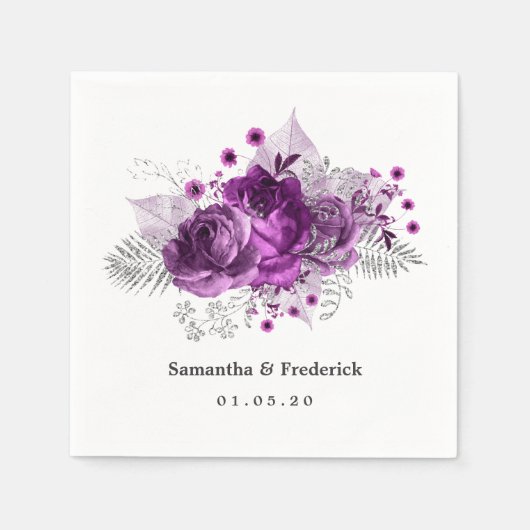 Serviette En Papier Plum et Mariage d'aquarelle d'argent (Devant)