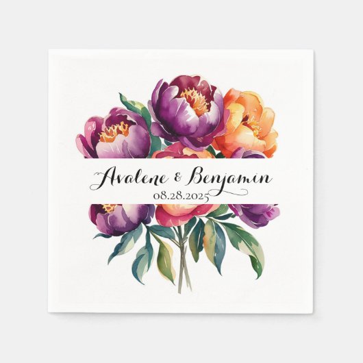 Serviette En Papier Plum et orange Aquarelle Peony Bouquet Mariage (Devant)