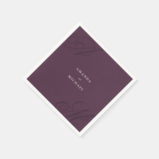Serviette En Papier Plum violet moderne Edge élégant Mariage Monogramm (Coin)