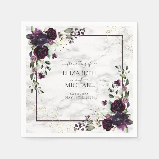 Serviette En Papier Plum violet or Aquarelle marbre Mariage (Devant)