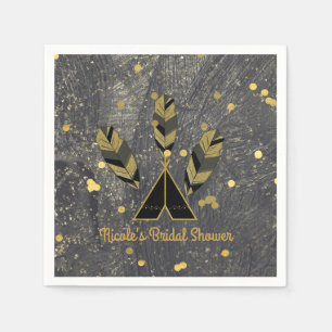 Serviette En Papier Plume Dessiné à la Main & Tipi Or Noir Boho Glam