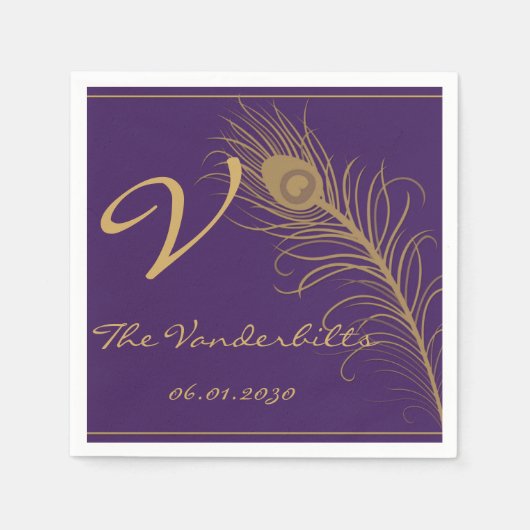 Serviette En Papier Plume Peacock en or et prune violette (Devant)