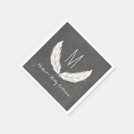 Serviette En Papier Plumes + Chalkboard Monogram Mariage (Coin)