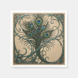 Serviette En Papier Plumes de paon Art nouveau Cadre sarcelle orné