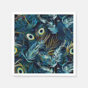 Serviette En Papier Plumes de paon noir, bleu et jaune motif