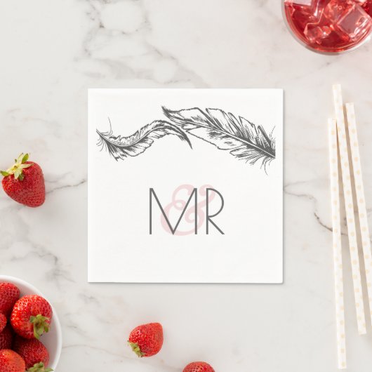 Serviette En Papier Plumes gris et blanches Mariage élégant (En situation)
