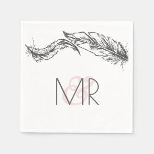 Serviette En Papier Plumes gris et blanches Mariage élégant