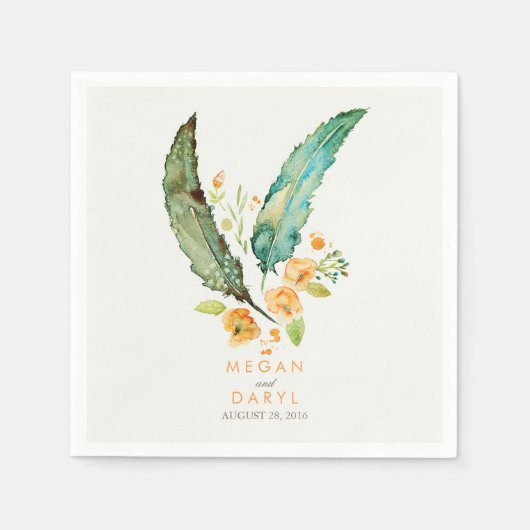 Serviette En Papier Plumes Mariage Turquoise bohème (Devant)