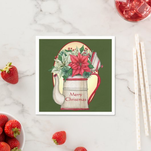 Serviette En Papier Poêle à thé à l'ancienne avec poinsettias Noël (En situation)