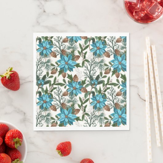 Serviette En Papier Poinsettia Bleue Et Pin (En situation)
