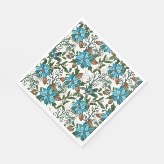 Serviette En Papier Poinsettia Bleue Et Pin (Coin)