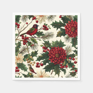Serviette En Papier Poinsettia européen Noël Crème Rouge Vert